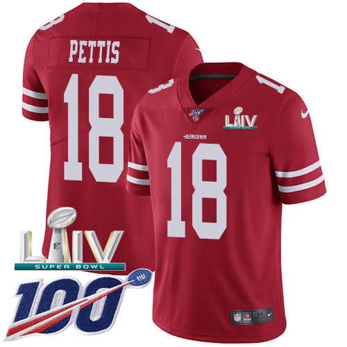 San Francisco 49ers Nike #18 Dante Pettis Red Super Bowl LIV 2020 Team Color Youth Stitched NFL 100th Season Vapor Limited Jersey
